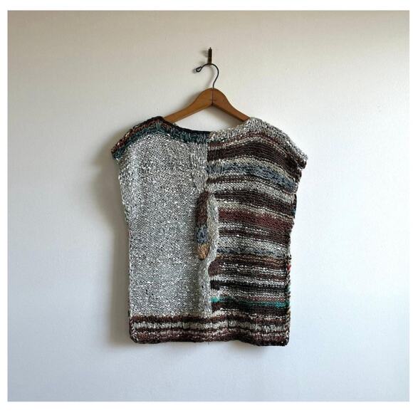 Vintage 80s Woven Leather Knit Top | Handmade Southwest Ribbon Weave | M/L - Picture 5 of 10